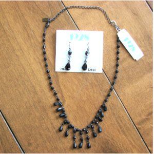 Black Bead Rhinestone Necklace Drop Earring Set Prom Wedding 1928 Jewellery